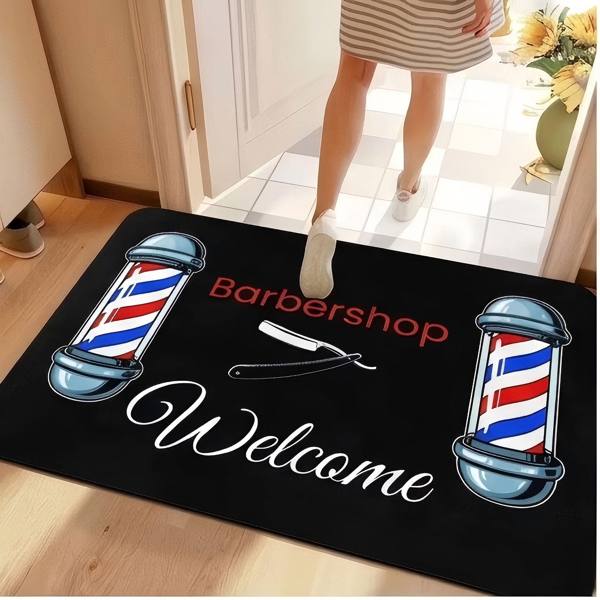 Commercial Printing And Graphics - Barbershop pole welcome graphic Doormat commercial